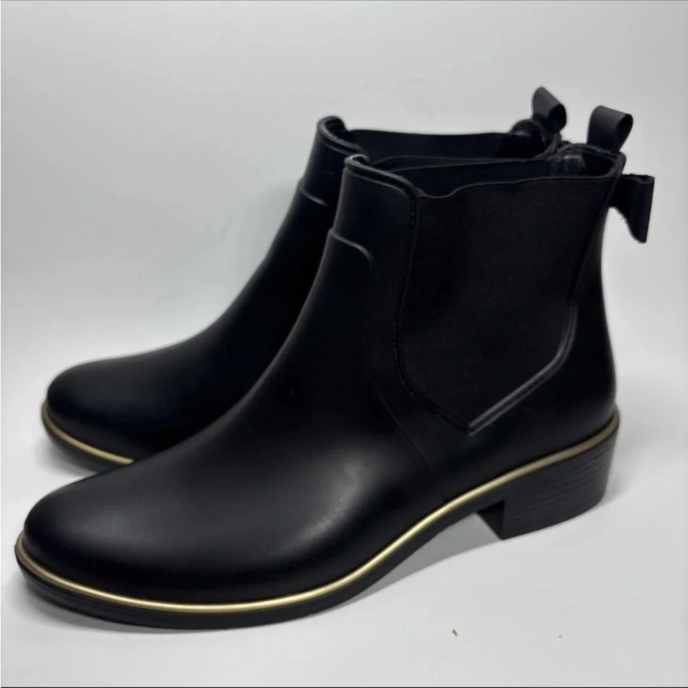 Kate Spade Rain Boots 10 Black Rubber  Bow Accents pull on ankle Edimburg